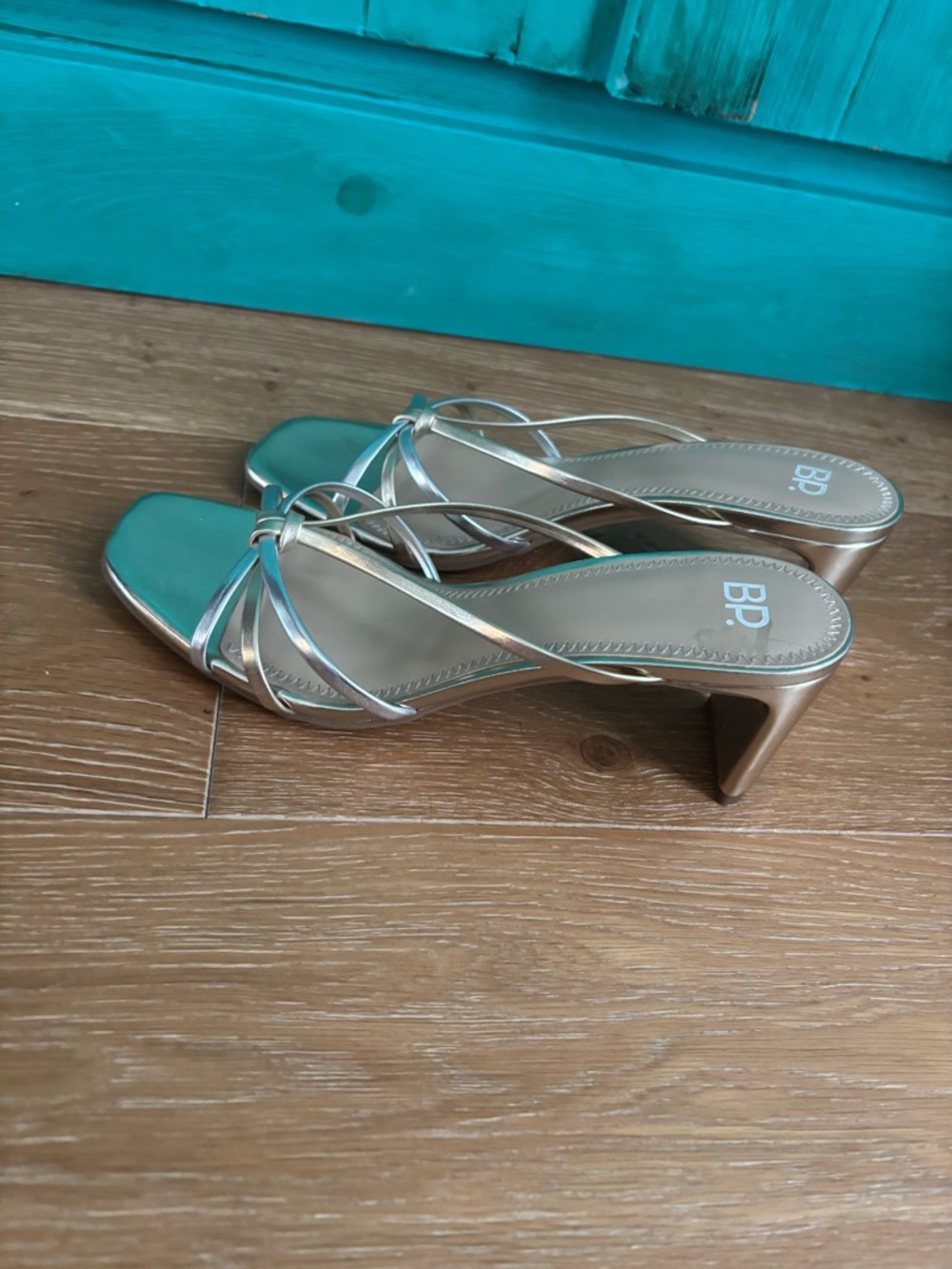 bp Metallic Gold Strappy Heeled Sandals with Teal Insole - Picture 5 of 7